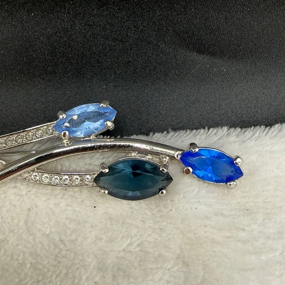 Vintage Rhinestone Brooch Silver Tone Blue Marquise Crystal  Floral Spray